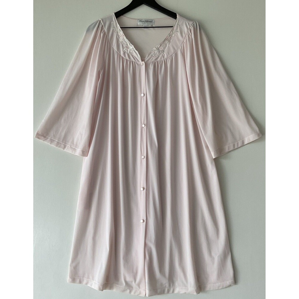 Miss Elaine Large Pastel Pink Housecoat Robe Floral Embroidery